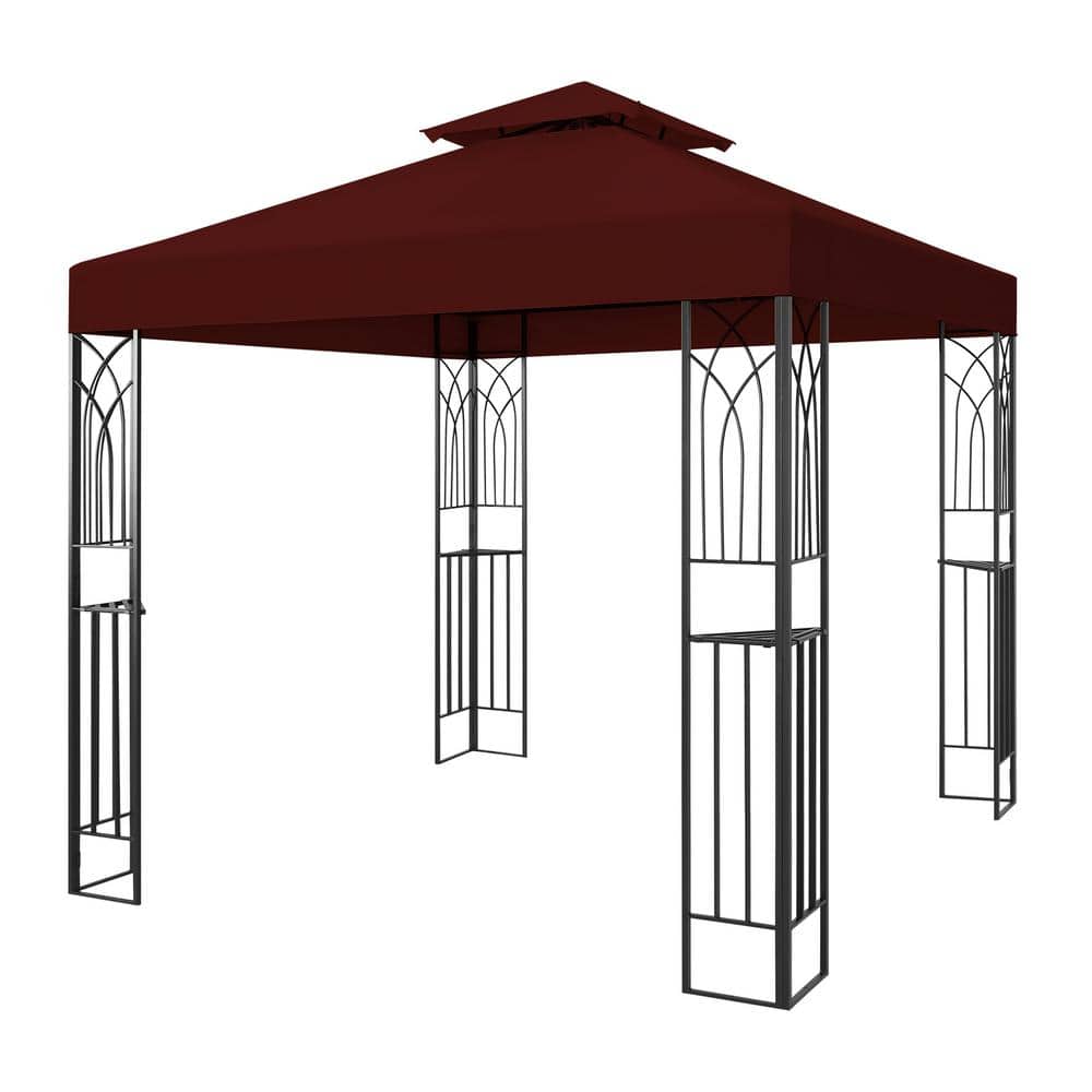 8x8 Red Metal Patio Gazebo with Corner Shelves
