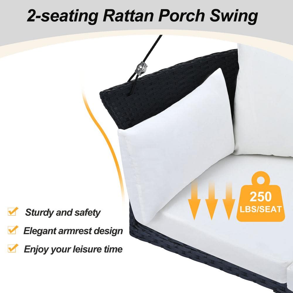 Black Wicker and White Cushion 2-Person Porch Swing