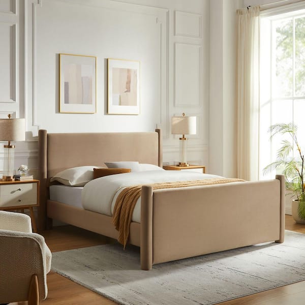 Rael Brown Wood Frame King Platform Bed with Upholstered Headboard and Footboard
