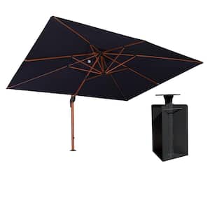 10 ft. x 13 ft. High-Quality Aluminum Wood Pattern Patio Umbrella Cantilever Umbrella with Base in Ground, Navy Blue