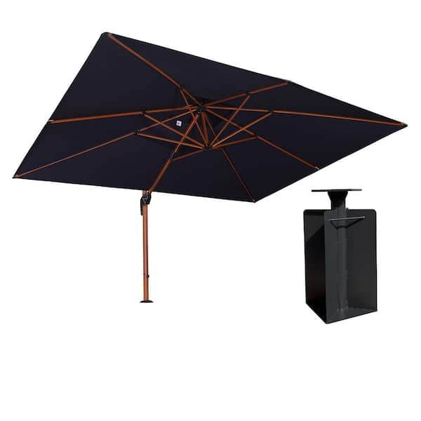 PURPLE LEAF 10 ft. x 13 ft. High-Quality Aluminum Wood Pattern Patio Umbrella Cantilever Umbrella with Base in Ground, Navy Blue