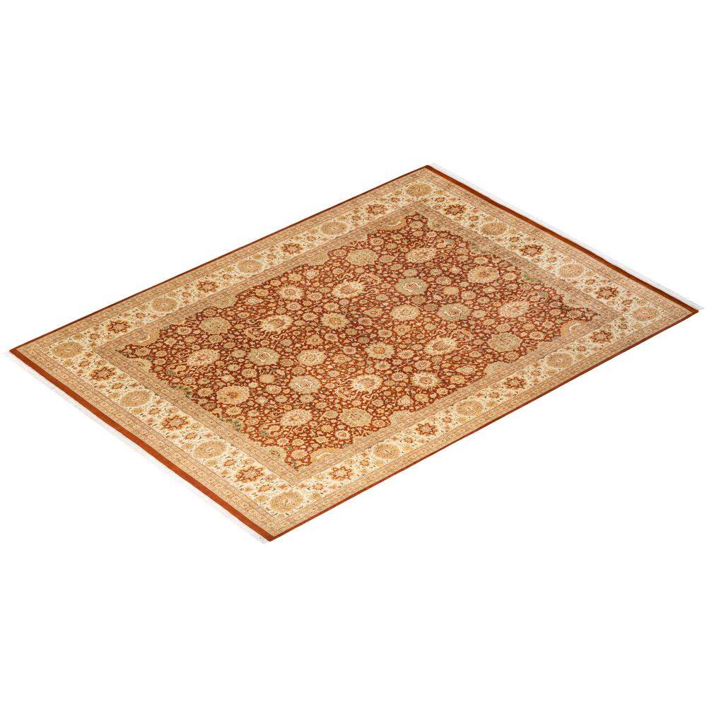 Hand-Knotted Ivory and Orange Wool 8' x 10' Oriental Rug