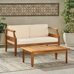 Aston Teak Brown 2-Piece Wood Outdoor Patio Conversation Seating Set with Cream Cushions