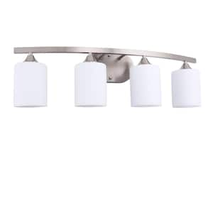 28 in. 4-Light Nickel Cylinder Vanity Light for Bathroom Bedroom with Curved Arms and White Glass Shades