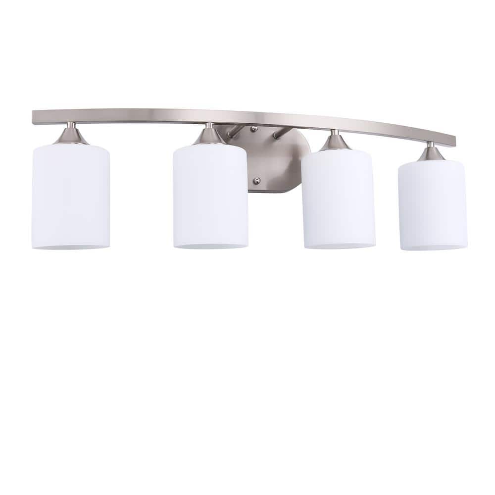 28 in. 4-Light Nickel Cylinder Vanity Light with Curved Arms and White Glass Shades for Bathroom Bedroom price history on PriceWatchPro