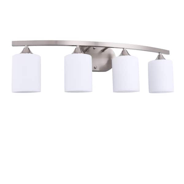 28 in. 4-Light Nickel Cylinder Vanity Light with Curved Arms and White Glass Shades for Bathroom Bedroom