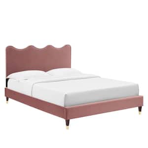 Current Performance Velvet Twin Platform Bed in Dusty Rose with wood legs & gold metal sleeves