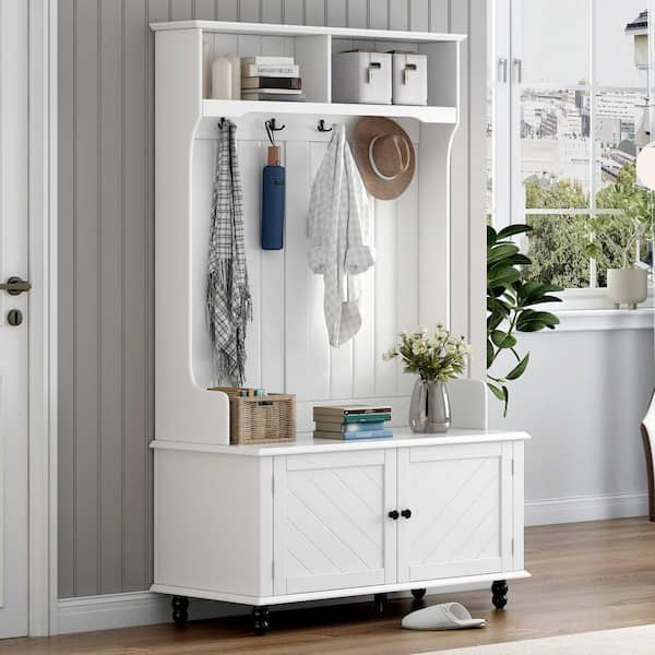 Hall Tree with 4-Hooks, Coat Hanger, Entryway Bench, Storage Bench, 3 in 1-Design, 40 in. White