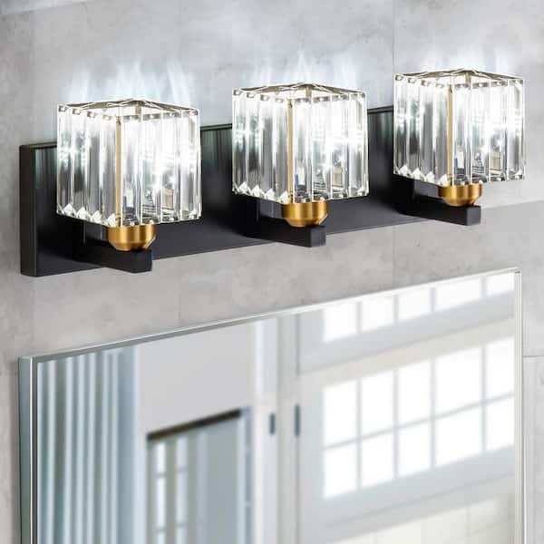 Orillia 19.7 in. 3-Light Black & Gold Bathroom Vanity Light with Crystal Shades