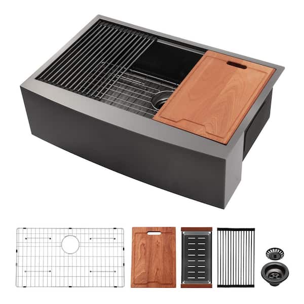 33 in. Farmhouse Single Bowl 16 Gauge Gunmetal Black Stainless Steel Apron Front Kitchen Sink with Bottom Grids