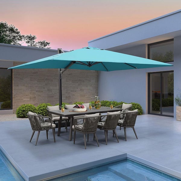 PURPLE LEAF 10 ft. x 13 ft. Large Outdoor Aluminum Cantilever 360° Rotation Patio Umbrella with Base, Turquoise Blue