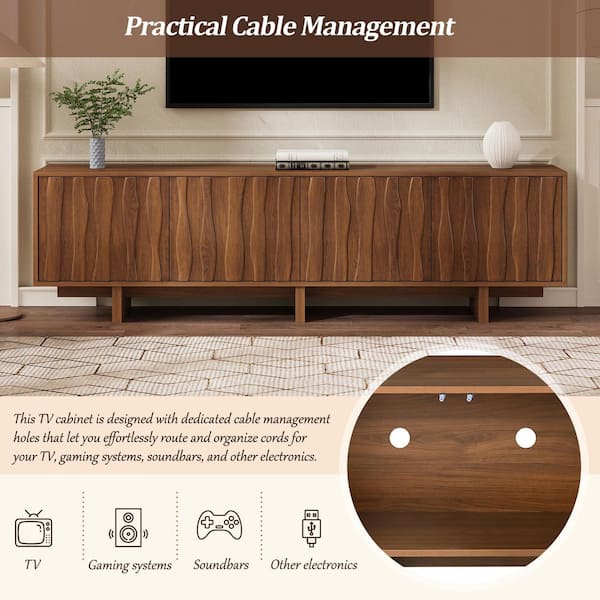 Walnut Retro 70 in. TV Stand for TVs up to 75 in. Wavy Door Design, with 2-Storage Cabinets and Cable Management
