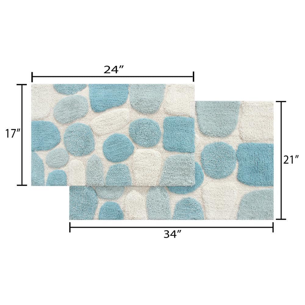 Aquamarine and Gray Cotton Tufted Pebble Pattern Bath Rug Set