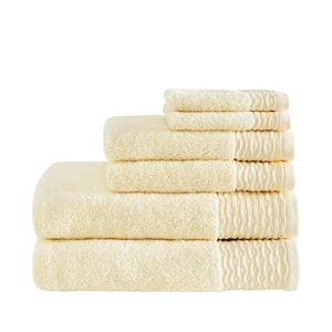 Aer 6-Piece Yellow Jacquard Wavy Border Zero Twist Antimicrobial Cotton Bath Towel Set