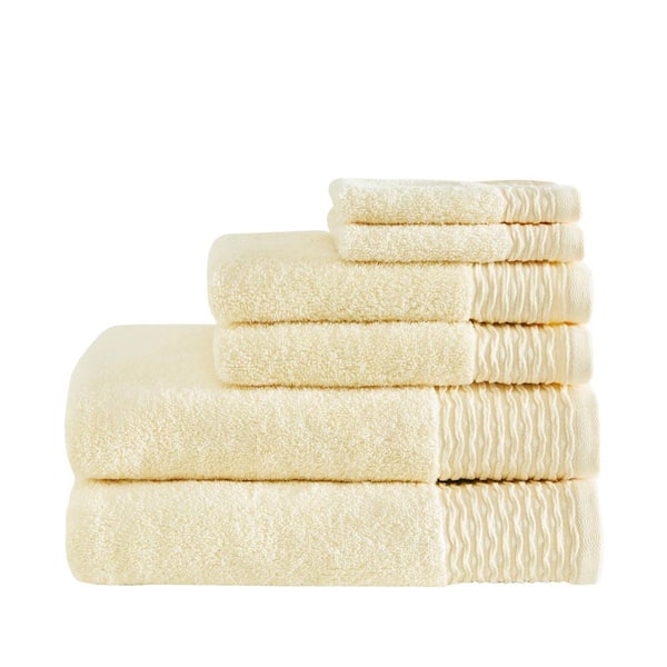 Madison Park Aer 6-Piece Yellow Jacquard Wavy Border Zero Twist Antimicrobial Cotton Bath Towel Set