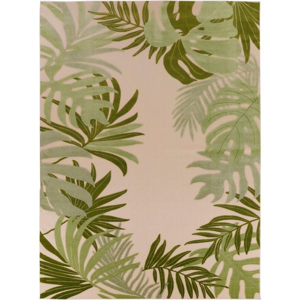 Nourison Aloha Ivory Green 9 ft. x 12 ft. Botanical Contemporary Area Rug