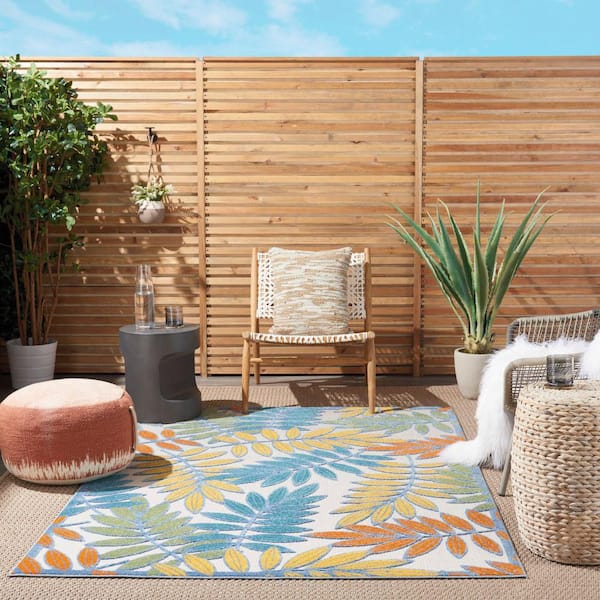 Aloha Ivory/Multi 5 ft. x 7 ft. Floral Modern Indoor/Outdoor Patio Area Rug