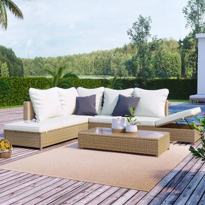 Accessible 12 in. H Natural Brown Wicker Outdoor Sectional Set with Beige Cushions and Adjustable Chaise Lounge