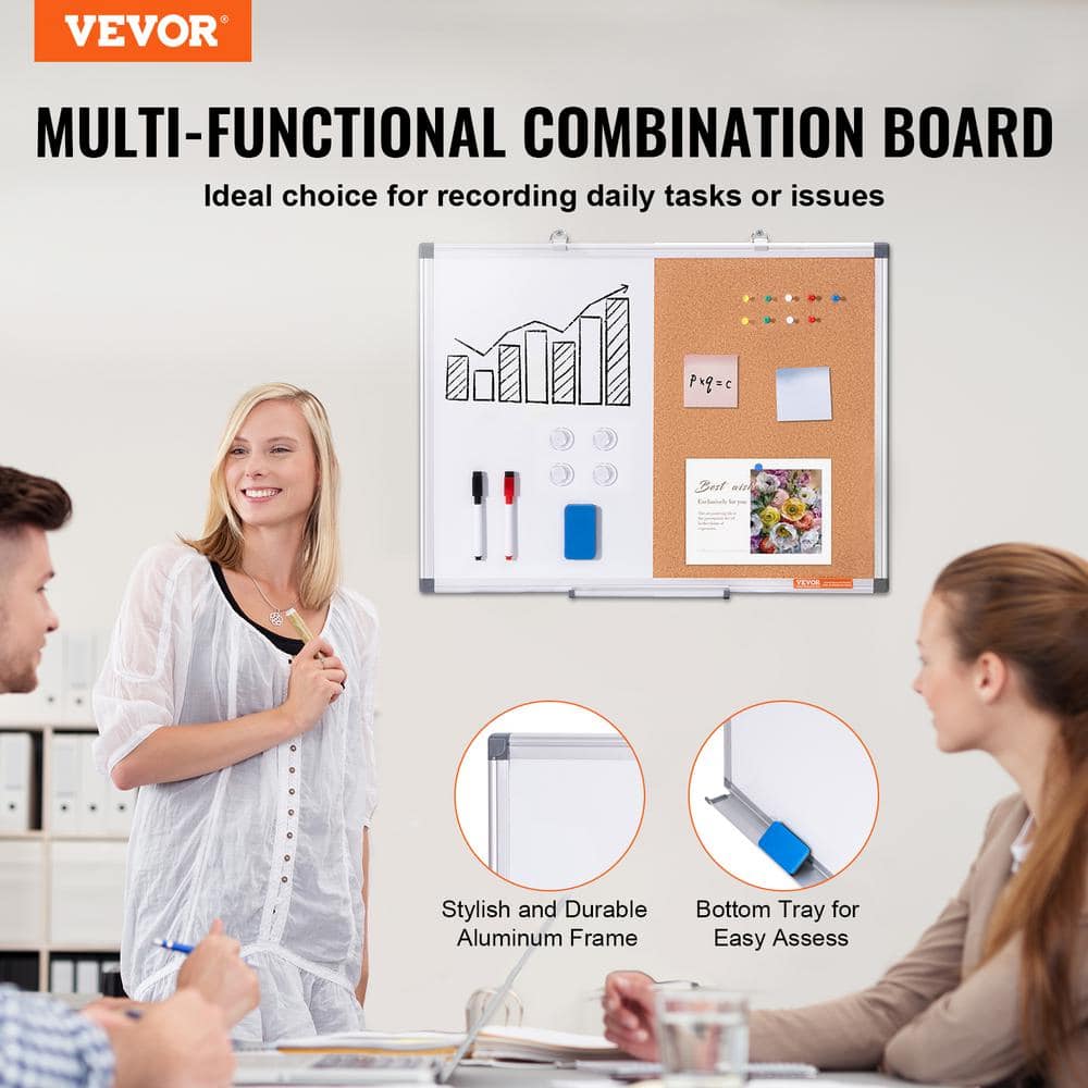 24" x 18" White Magnetic Dry Erase and Cork Board Combo with Aluminum Frame