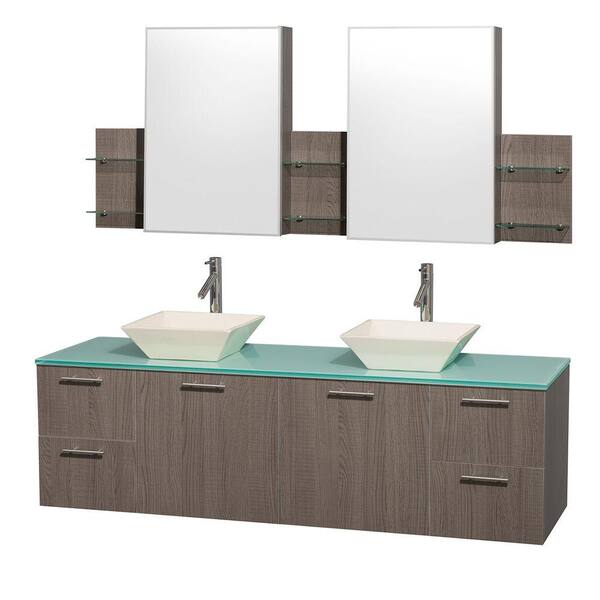 Wyndham Collection Amare 72 in. Double Vanity in Grey Oak with Glass Vanity Top in Aqua and Bone Porcelain Sinks