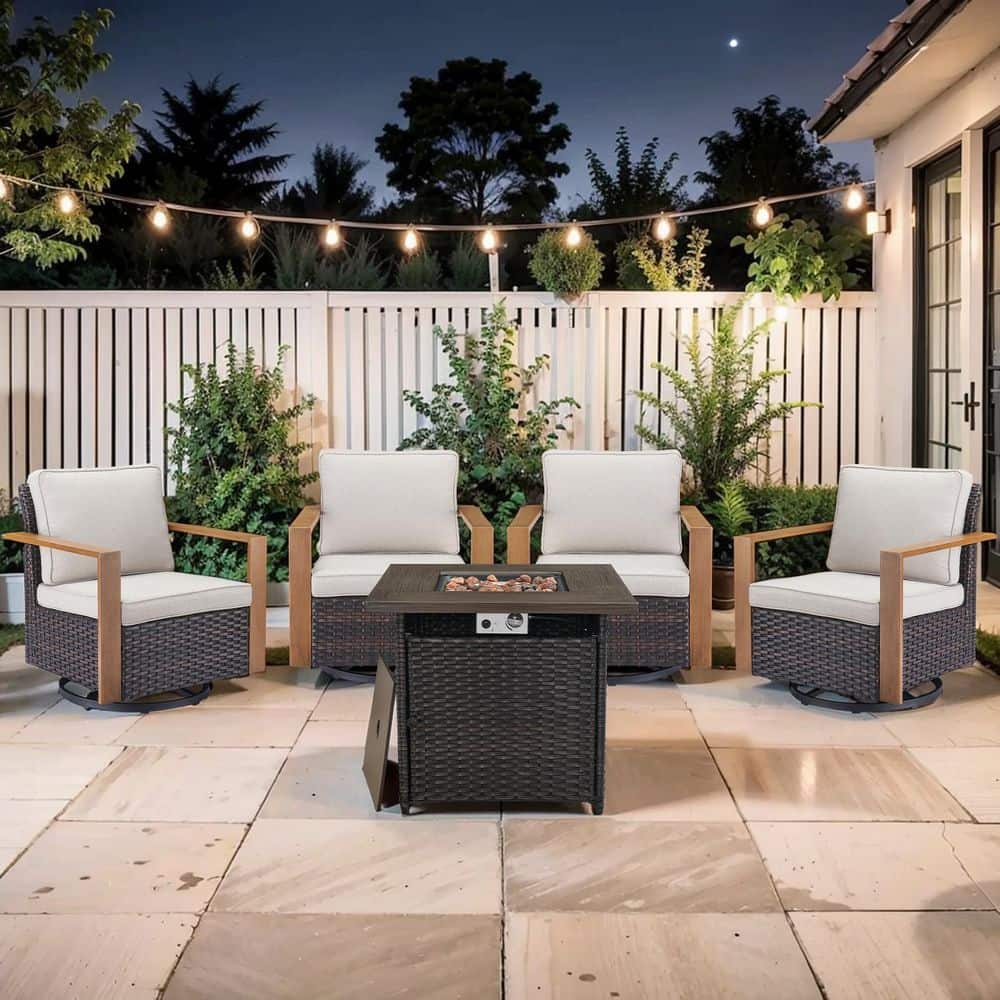 CubeEdge 5-Piece Brown Wicker Fire Pit Conversation Set with Olefin Beige Cushions/ Patio Swivel Chairs price history on PriceWatchPro