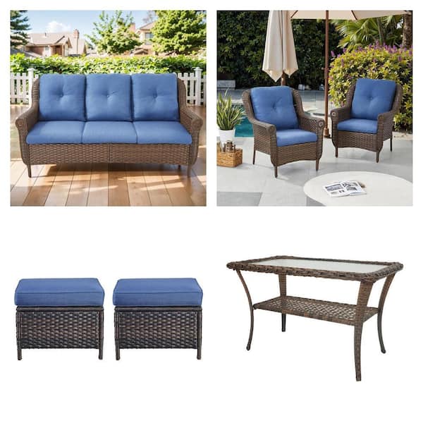 Chrysanthemum Brown Wicker Patio Set: 3-Seat Sofa, 2-Pack Lounge Chairs, 2-Pack Ottomans, and Side Table