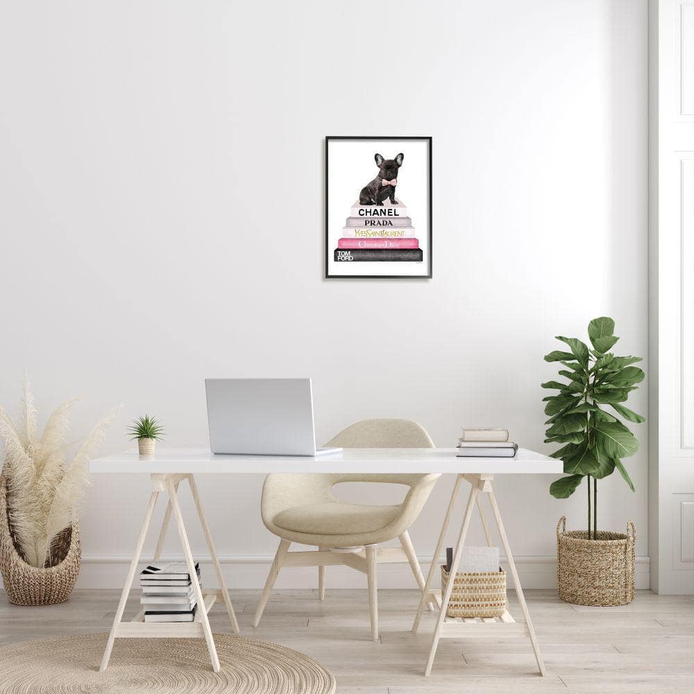 Framed Black French Bulldog on Fashion Books Canvas Print
