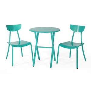 3-Piece Teal Metal Patio Conversation Set with Round Coffee Table for Porch, Balcony, Poolside