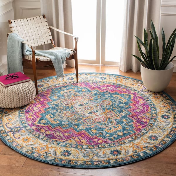 Madison Blue/Multi 7 ft. x 7 ft. Border Floral Geometric Medallion Round Area Rug
