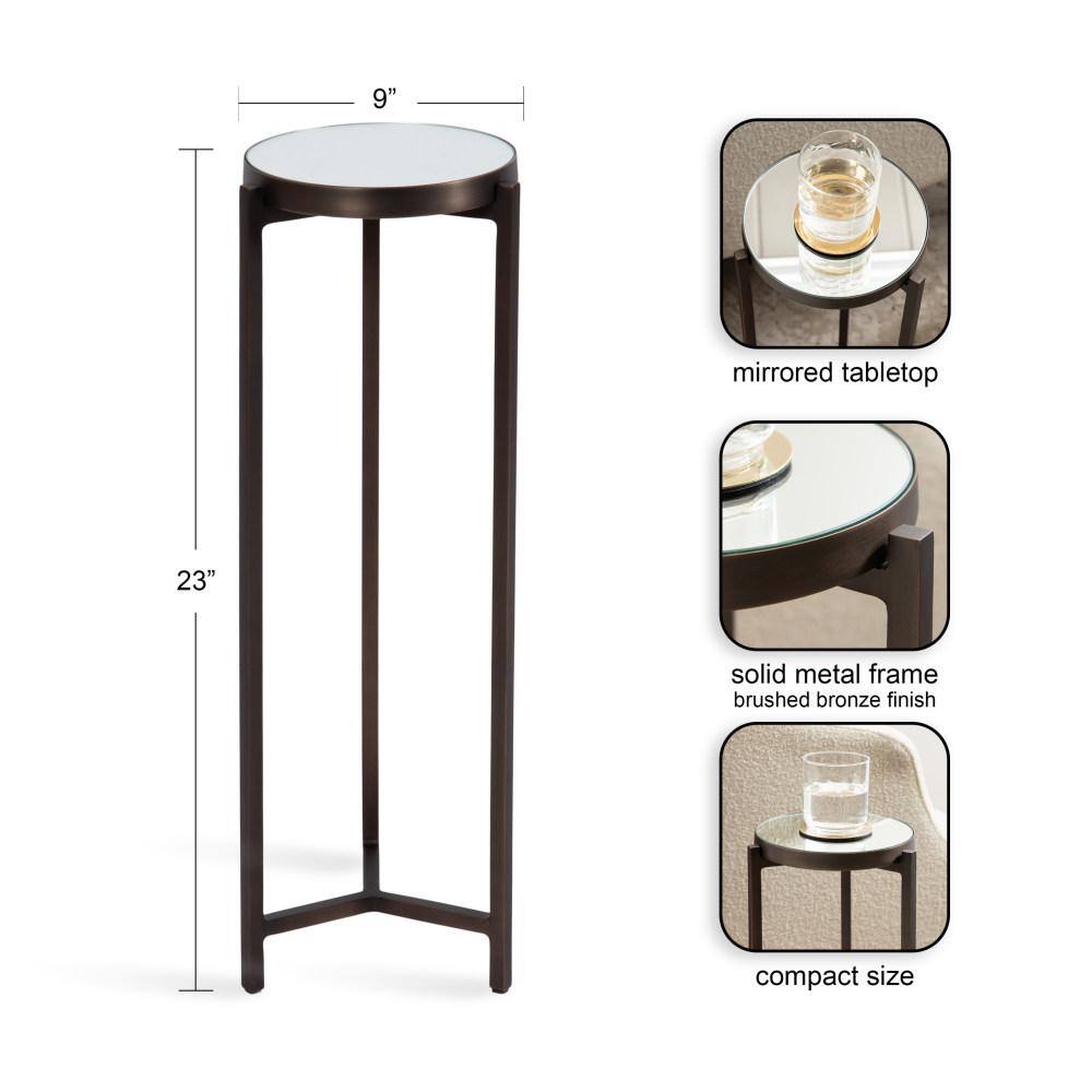 Bronze Metal Mirrored Round Drink Table, 9 x 9 x 23