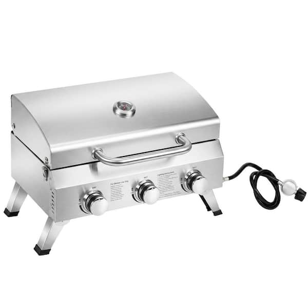 3-Burner 22500 BTU Stainless Steel Portable Propane Grill Tabletop Grill in Stainless Steel with Lid