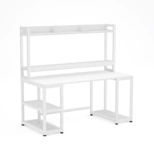 Wanz 55 in. Rectangular White Metal White Particle Board Wood Computer Desk with Hutch Storage Shelves Monitor Stand