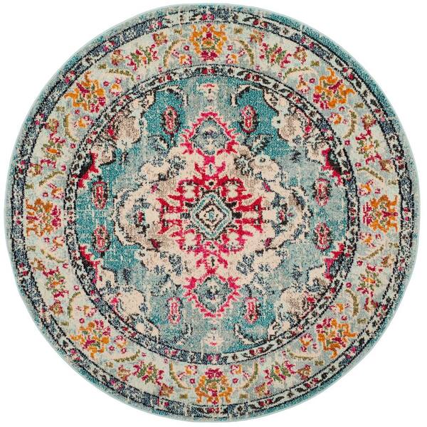 SAFAVIEH Monaco Light Blue/Fuchsia 3 ft. x 3 ft. Distressed Border Medallion Round Area Rug