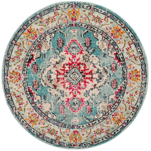 SAFAVIEH Monaco Light Blue/Fuchsia 5 ft. x 5 ft. Distressed Border Medallion Round Area Rug