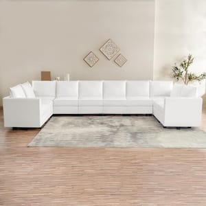 164.38 in Modern 10-Seater Upholstered Sectional Sofa in Bright White Air Leather - Sofa Couch for Living Room/Office