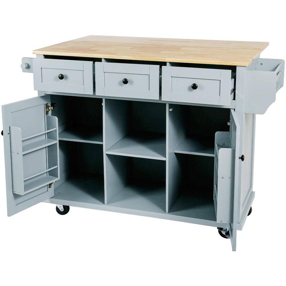 Blue Rubber Wood Kitchen Island with Drop-Leaf Countertop and Storage