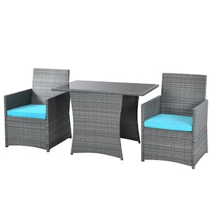 3-Pieces Wicker Patio Conversation Set Table and Chair Set with Turquoise Cushions