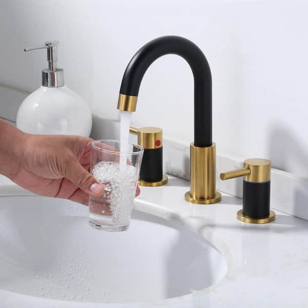 8 in. Widespread Double Handle Bathroom Faucet with Swivel Spout, Pop-Up Drain and Supply Lines in Black and Gold