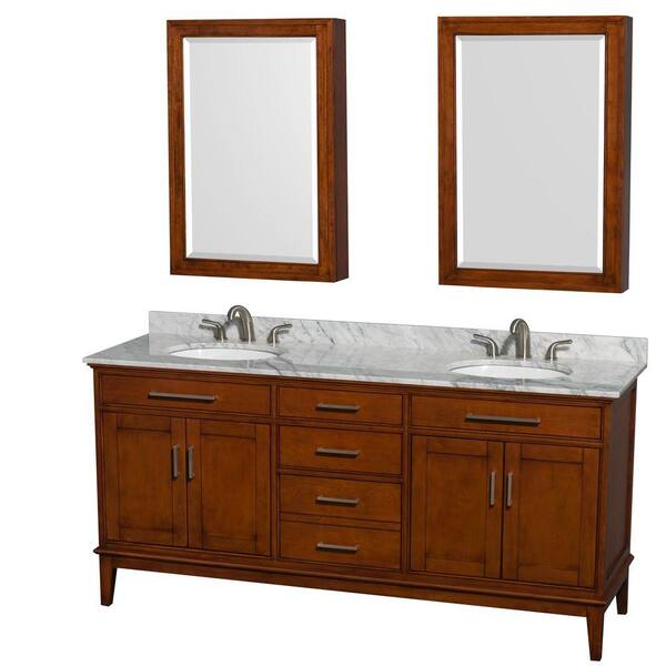 Wyndham Collection Hatton 72 in. Vanity in Light Chestnut with Marble Vanity Top in Carrara White, Sink and Medicine Cabinet