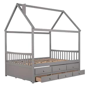 SSuper Gray Full Size Wood House Bed with Trundle and 3-Drawers
