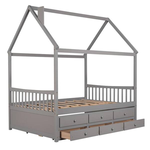 GHOUSE SSuper Gray Full Size Wood House Bed with Trundle and 3-Drawers ...