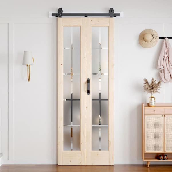 30 in. x 84 in. Full Lite Pre Assembled Frosted Glass Solid Core Wood Bi-Fold Door with Hardware
