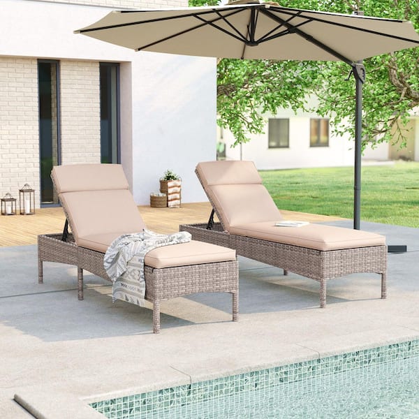 Outdoor Patio Wicker Chaise Lounge Chairs with Adjustable Inclination Angles, Sand Cushion