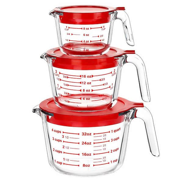 3 Piece Glass Measuring Cup Set with Lids, Stackable Measuring Cups with Handles, Nesting for Kitchen Use