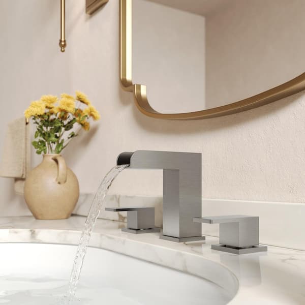 Waterfall Spout 8 in. Widespread Double Handle Bathroom Faucet 1.0 GPM in Brush Nickel Valve with Drain（2-Pack）