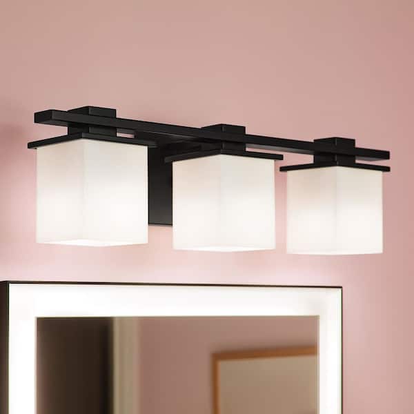 Tully 24 in. 3-Light Black Soft Modern Bathroom Vanity Light with Satin Etched Cased Opal Glass