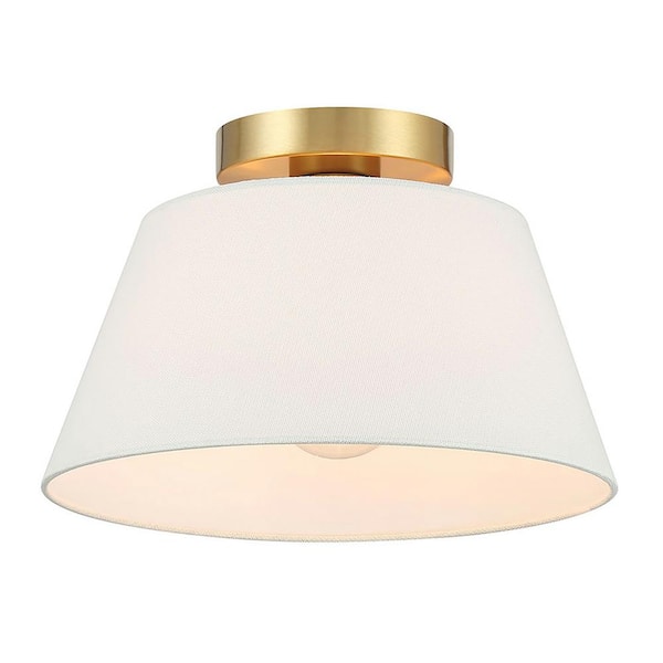 Savoy House Meridian 12 in. W x  7.5 in. H 1-Light Natural Brass Modern Semi-Flush Mount with White Linen Fabric Shade