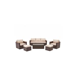 Brown Wicker 6-Piece Outdoor Patio Sectional Sofa Conversation Set with Khaki Cushions 1 Side Table and 2 Ottomans