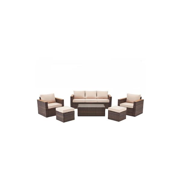 Zeus & Ruta Brown Wicker 6-Piece Outdoor Patio Sectional Sofa Conversation Set with Khaki Cushions 1 Side Table and 2 Ottomans