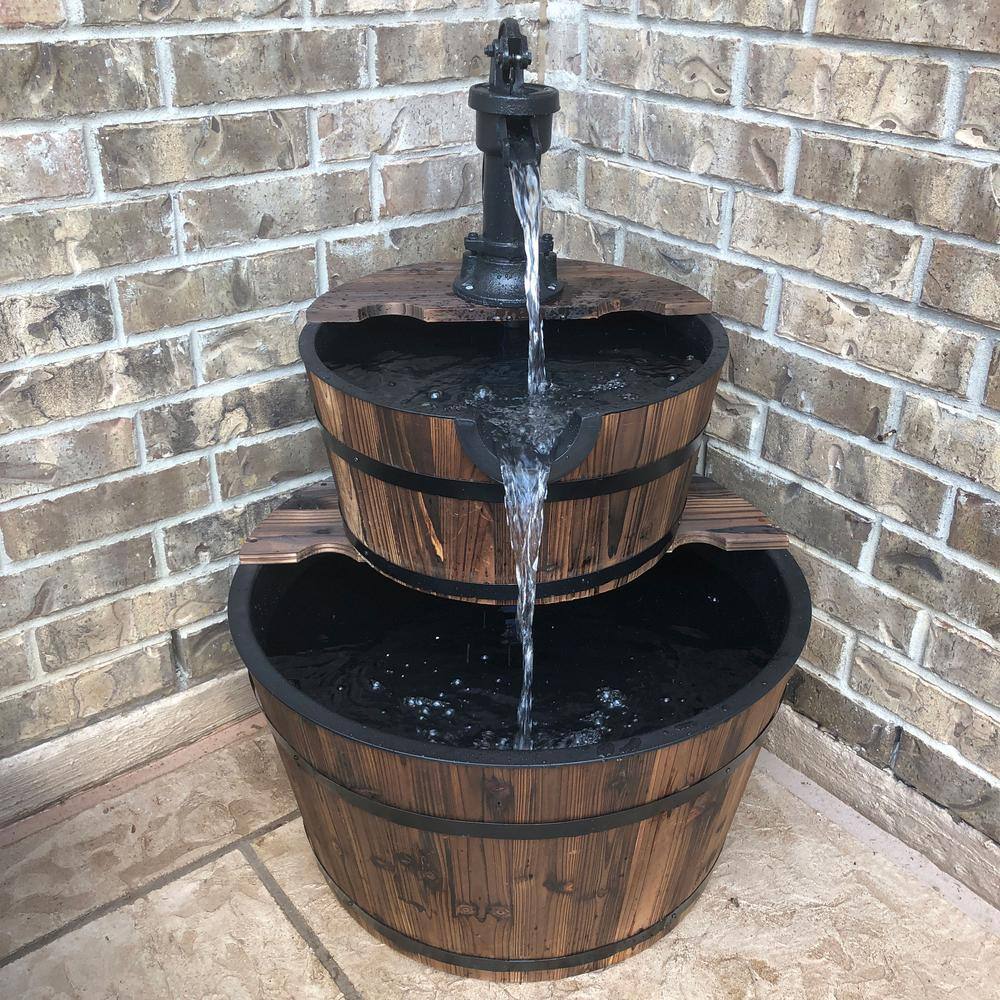 34" Rustic Fir Wood 2-Tier Barrel Water Fountain with Metal Hand Pump